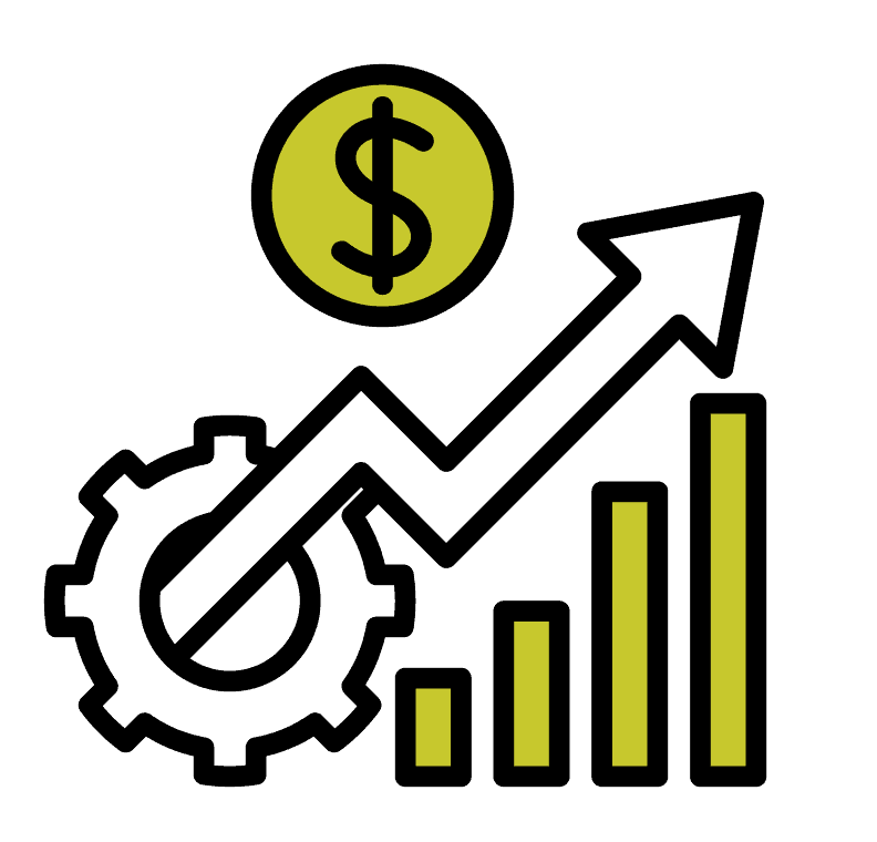 Sales icon depicting an arrow pointing up and a chart with bars indicating growing sales