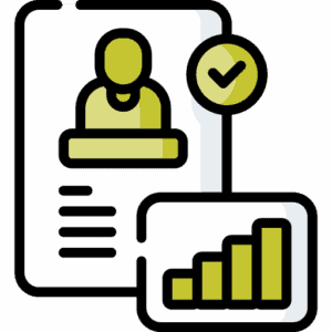 Education Harvester Icon showing a person and data on a sheet of paper with a check mark next to it