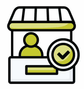 Icon showing an exhibit booth with a person inside and a check mark next to the booth