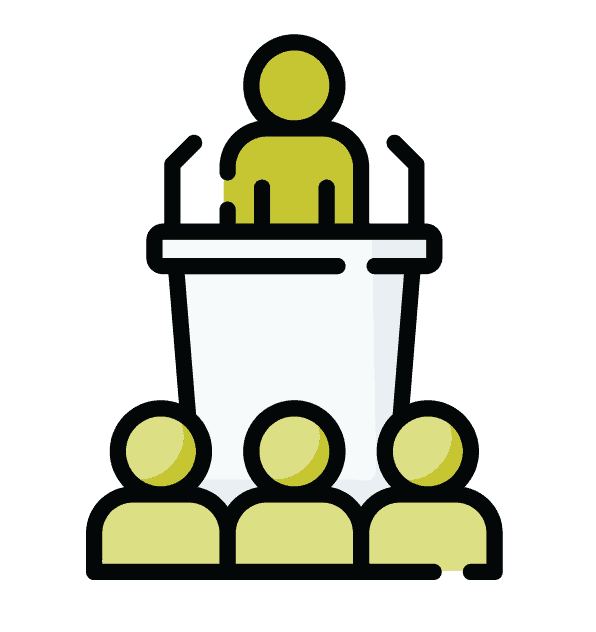 Icon showing speaker at podium with audience in front