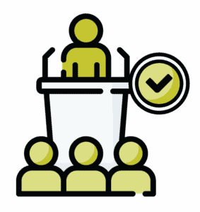 Speaker Management Icon showing a figure at a podium with an audience in front and a check mark in a circle