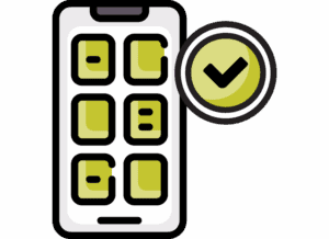 Icon of mobile phone with an app on the screen and a check mark in a circle beside it