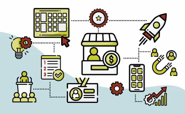 Graphic depicting all services provided by SB: icon of a lightbulb for strategy, speaker at podium, expo floor plan, registration badge, exhibit booth with dollar sign to symbolize sales, mobile app on phone, magnet with people to symbolize lead retrieval