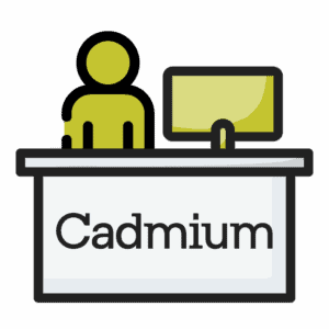 Icon depicting a figure sitting at a desk with a computer on it and the Cadmium logo on the desk
