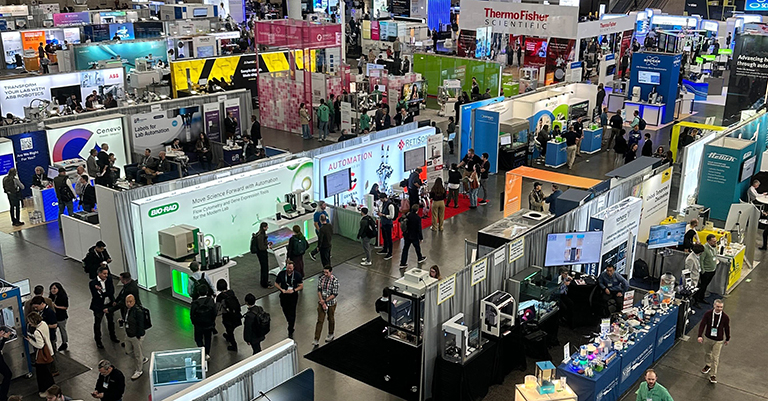 Image of busy, colorful expo floor from SLAS 2026